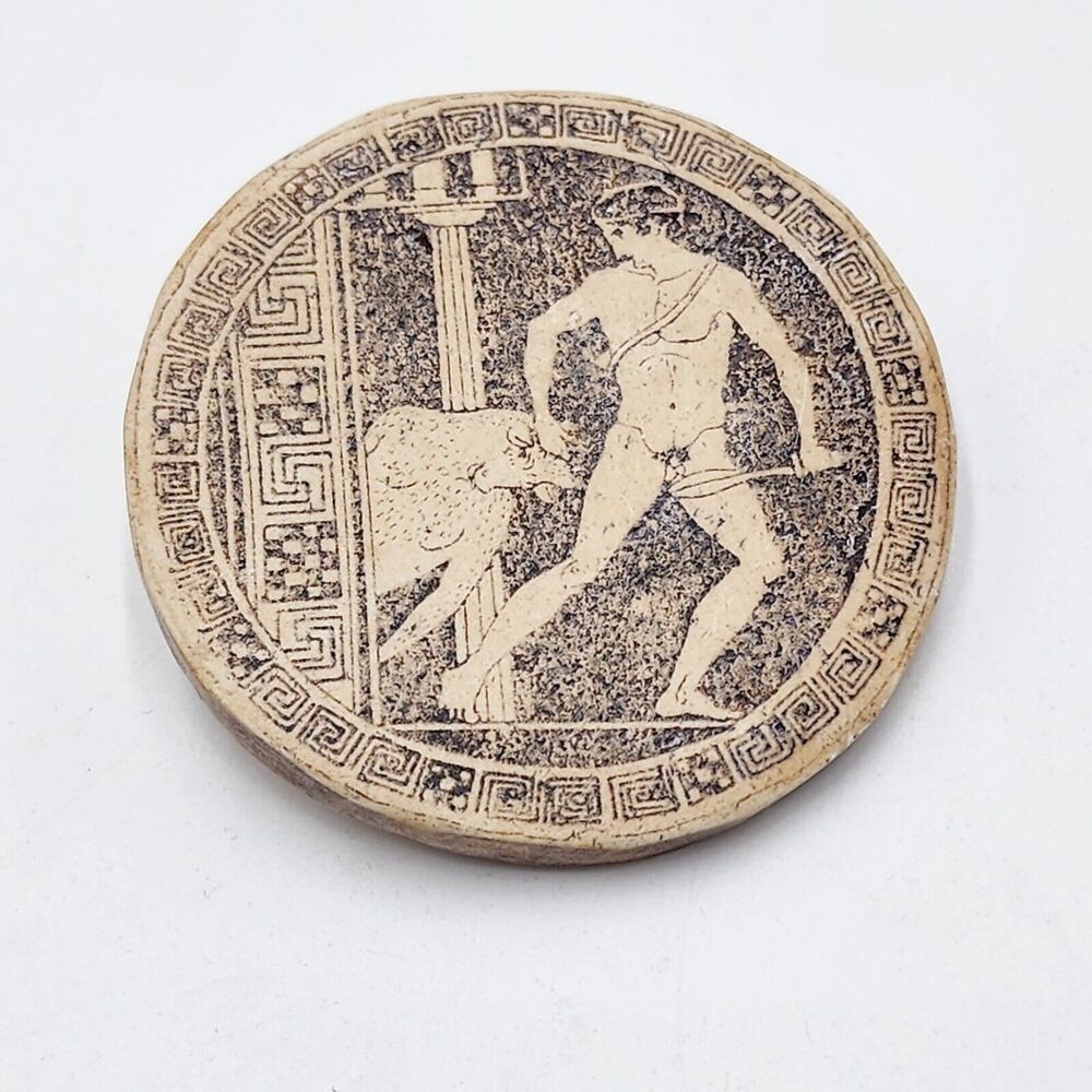 Vintage Artisan Greek Theseus And Minotaur Brooch Pin Polymer Clay Fighting